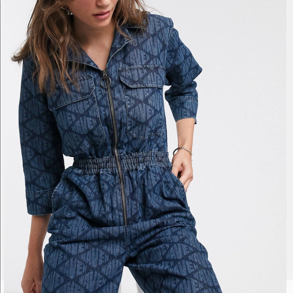 WÅVEN KARLIE Utility Denim Boilersuit in allover logo print